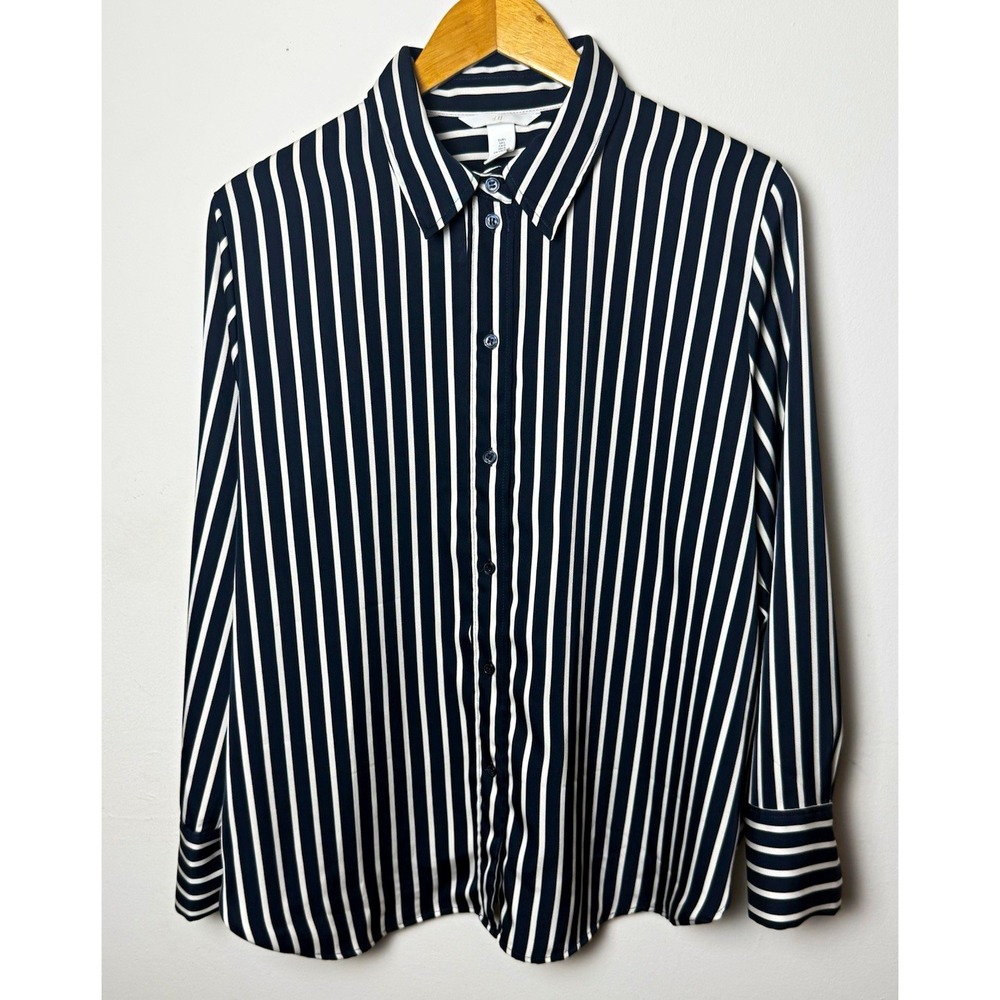 H&M Womens Striped Dress Shirt L Blue/White Long Sleeve Collar Silky Relaxed